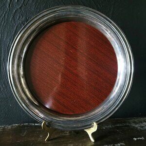 Vtg Crescent Faux Wood & Silverplate 9.625" Round Serving Bar Tray, Vtg Barware
